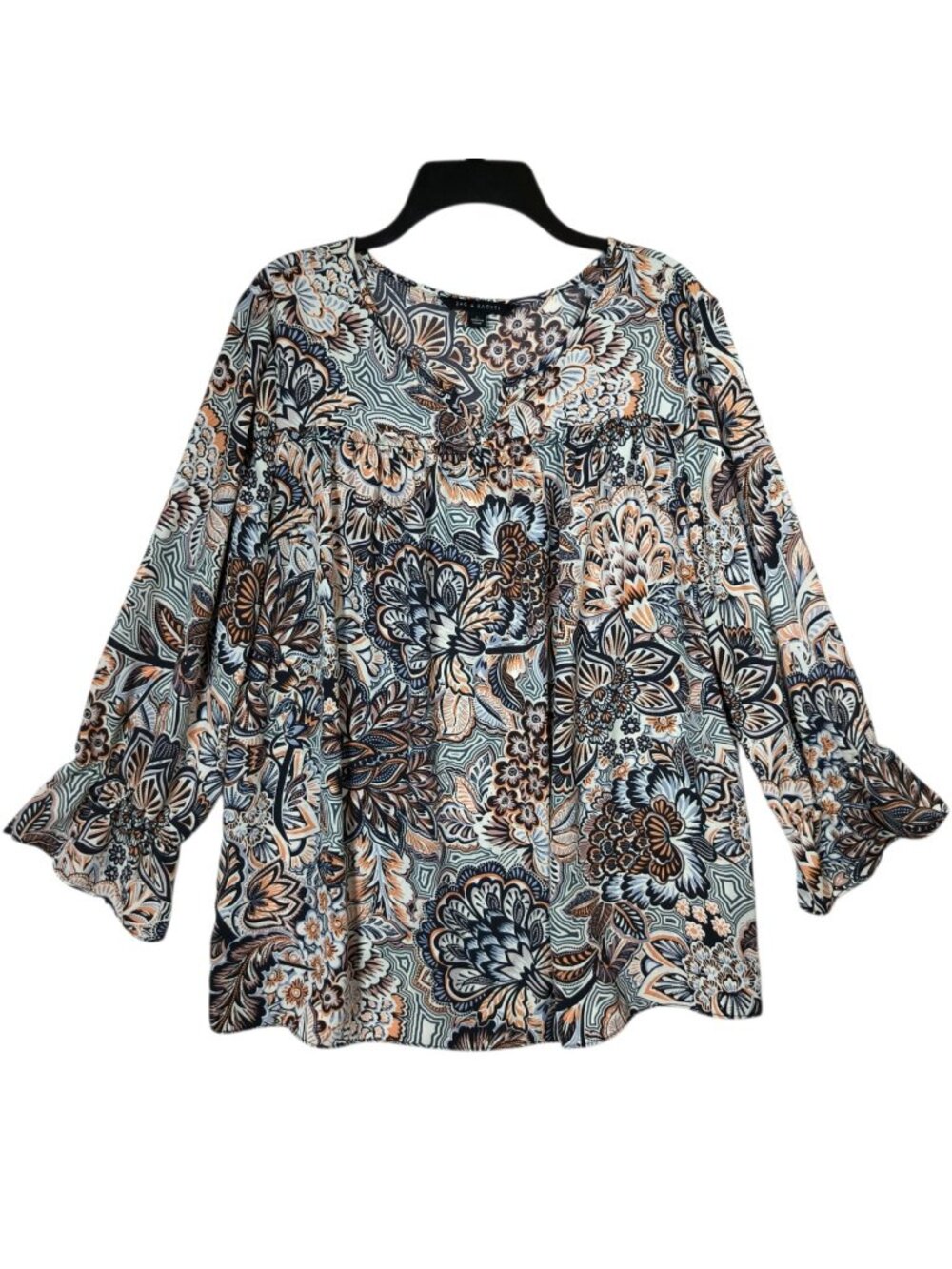 Zac & Rachel Womens Large Floral Blouse Bell Sleeve Boho Peasant Tunic Top